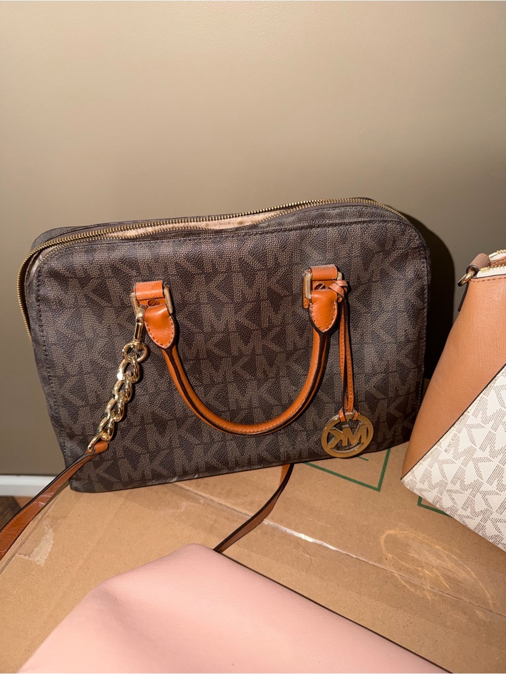 Michael Kors Brown Signature Satchel with Tan Leather Handles